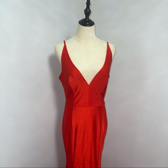 # Windsor Bright Red V Neck / V Back Stretchable Long Dress - Picture 4 of 15